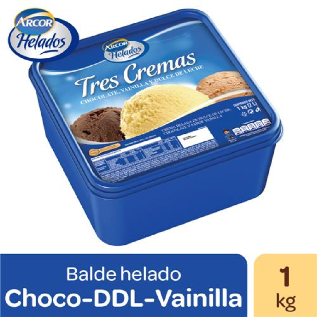 Helado Tres Cremas Arcor Dulce De Leche, Vainilla y Chocolate 1kg