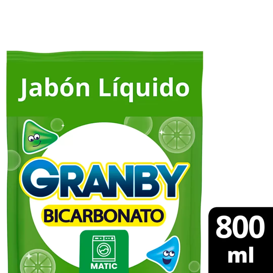 Jabón Liquido Para Lavar Ropa Granby Bicarbonato Baja Espuma De Limón 800ml