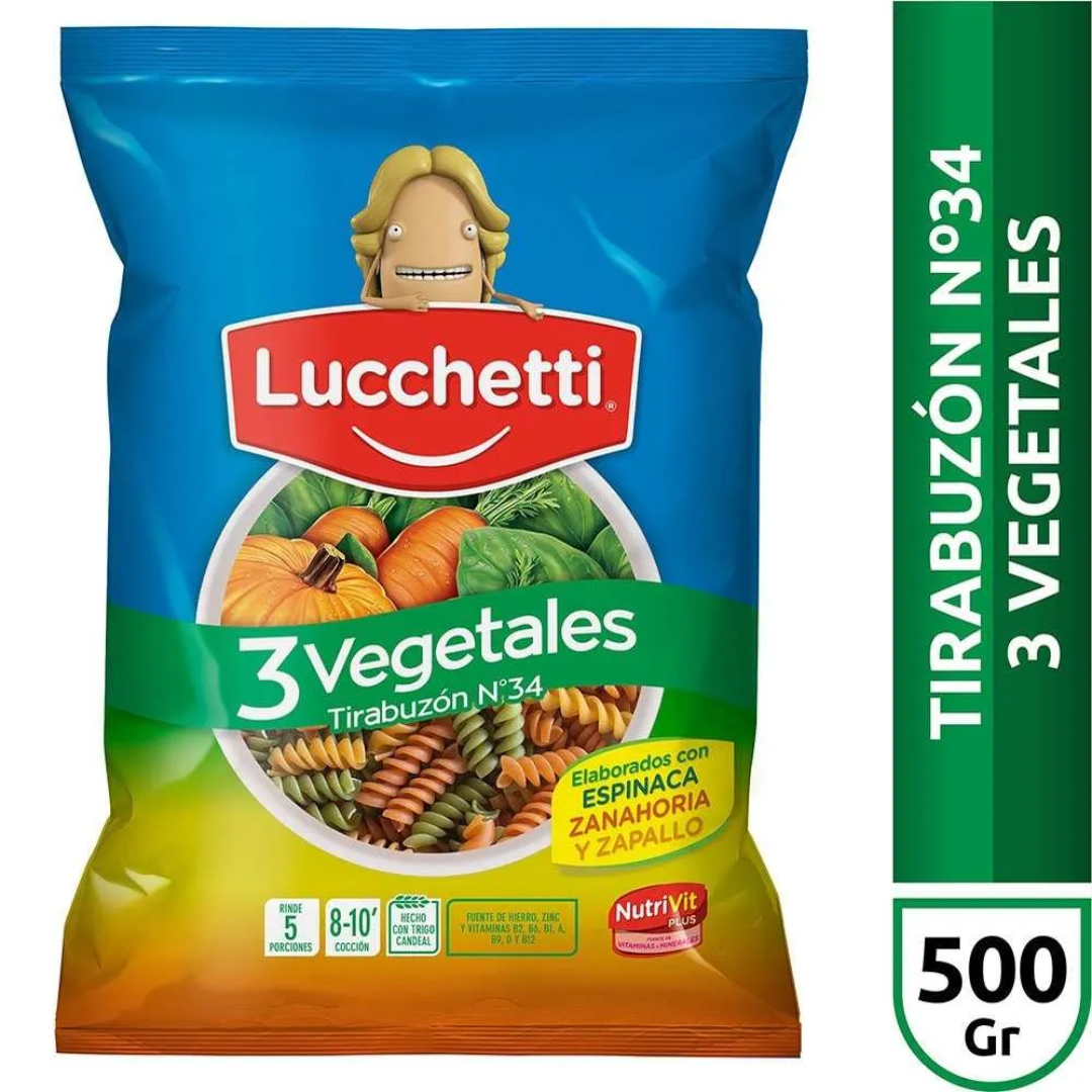 Fideos Lucchetti 3 Vegetales Tirabuzon 500g